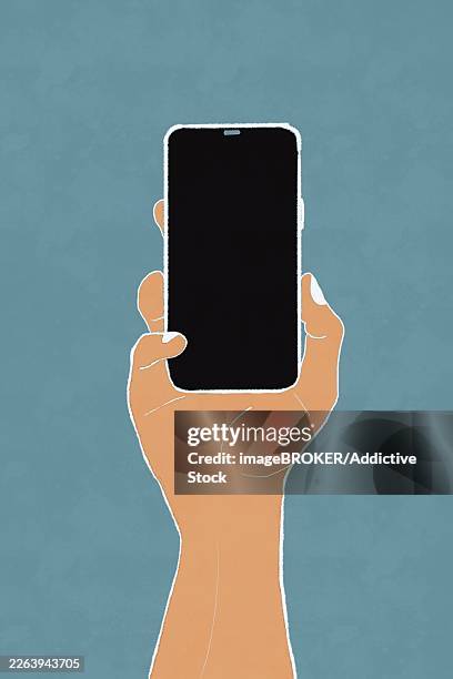 a digital illustration shows a hand holding a smartphone with a blank screen against a stylish, textured teal background this minimalist design emphasizes modern technology - iphone blank canvas stock illustrations