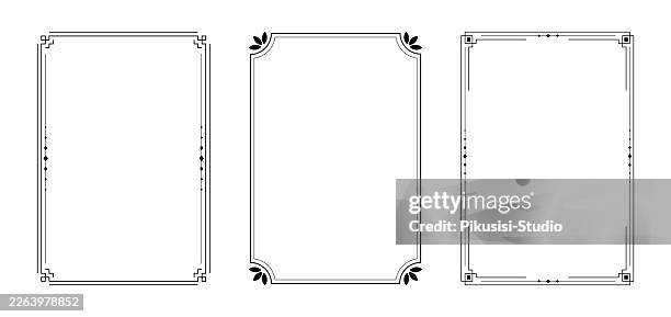 illustrazioni stock, clip art, cartoni animati e icone di tendenza di set di cornici decorative minimaliste in nero art deco con accenti geometrici e floreali - bordo