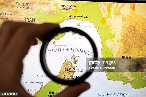 Map shows the Strait of Hormuz on a laptop computer screen in this photo illustration in Athens, Greece, on March 3, 2026.