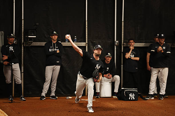 Gerrit Cole of the New York Yankees works out during spring training at George M. Steinbrenner Field on February 27, 2026 in Tampa, Florida.