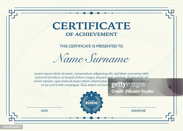 ilustrações de stock, clip art, desenhos animados e ícones de blue professional certificate of achievement template with geometric border, certificate diploma border template - certidão
