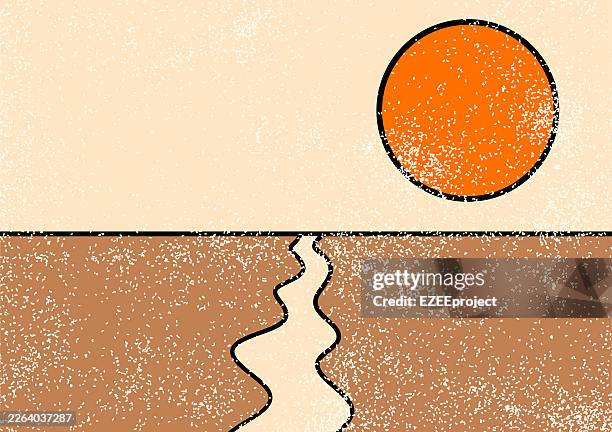 retro 70s sunset landscape illustration. abstract desert sun with winding road vector. minimalist vintage landscape art with texture - desert background stock illustrations