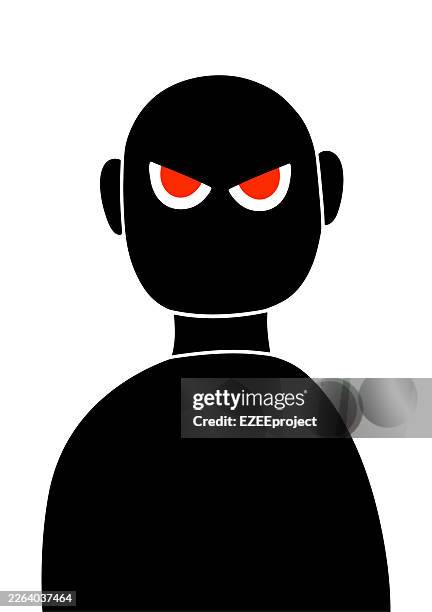 angry silhouette character with glowing red eyes illustration. evil silhouette figure with furious red gaze on white background. aggressive black silhouette mascot with bright red eyes - villain stock illustrations