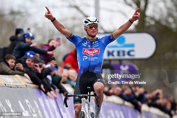 Mathieu van der Poel of Netherlands and Team Alpecin-Premier Tech celebrates at finish line as race winner during the 21st Omloop Het Nieuwsblad...