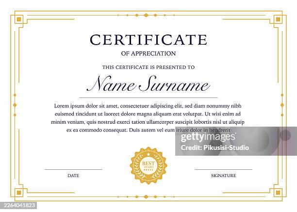 ilustrações de stock, clip art, desenhos animados e ícones de professional gold certificate of appreciation template with geometric border - certidão