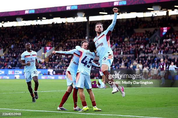 Mikkel Damsgaard of Brentford celebrates scoring his team's fourth goal during the Premier League match between Burnley and Brentford at Turf Moor on...