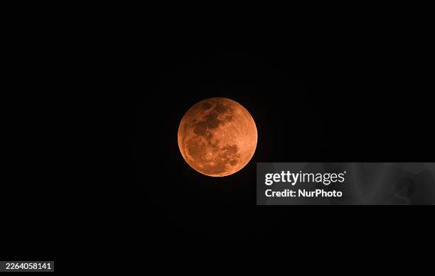 Total lunar eclipse, known as a ''Blood Moon,'' is visible from a banana plantation in Tehatta, West Bengal, India, on March 3, 2026. The moon...