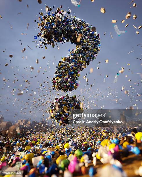 large scaled question mark made out of plastic garbage. - orthographic symbol stock pictures, royalty-free photos & images