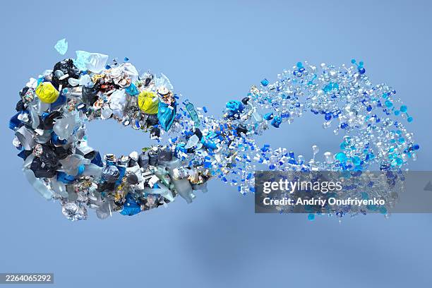 plastic garbage dissolving process in shape of infinity sign - lebenszyklus stock-fotos und bilder