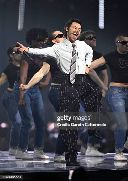 Harry Styles performs 'Aperture' on stage during The BRIT Awards 2026 at Co-op Live on February 28, 2026 in Manchester, England.