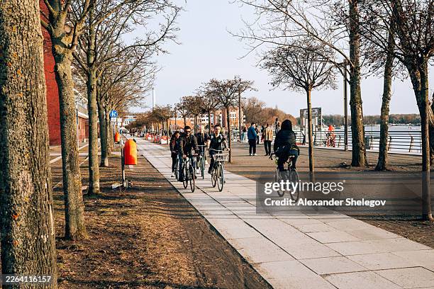 ciclisti e pedoni sulla lungomare fluviale di berlino durante l'inizio della primavera - febbraio foto e immagini stock