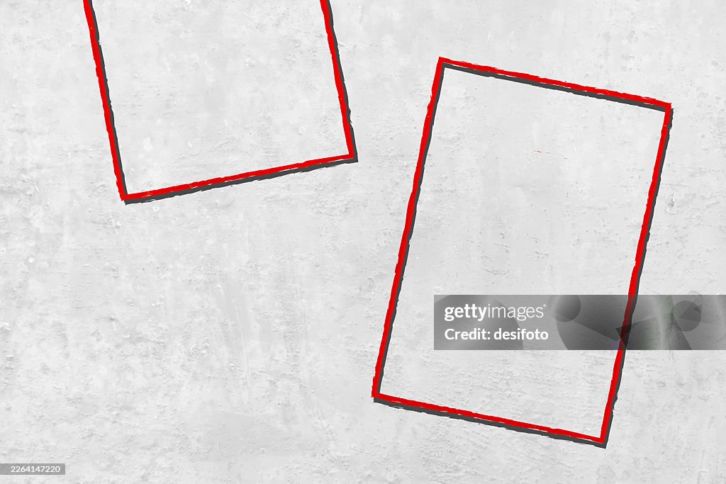 2 blank empty red outline simple boxes rectangles painted as graffiti on weathered whitewashed plastered concrete wall vector background like two mock frames templates for art exhibition