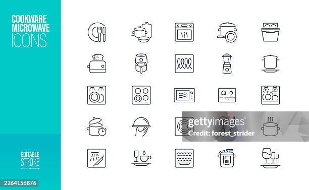 cookware microwave icons editable stroke - wok cooking stock illustrations