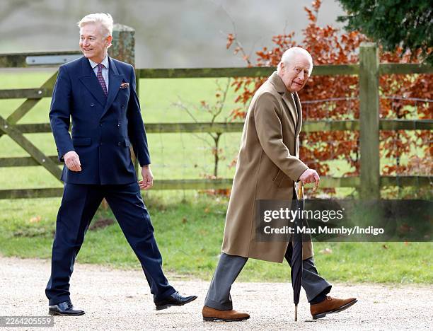 King Charles III, accompanied by his Principal Private Secretary Sir Clive Alderton, attends Sunday service at the Church of St Mary Magdalene on the...