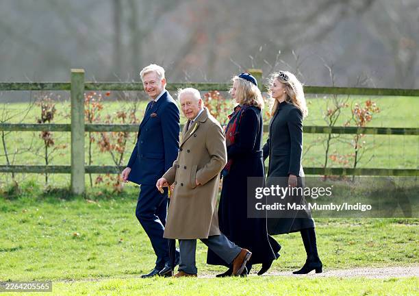 King Charles III , accompanied by his Principal Private Secretary Sir Clive Alderton, departs after attending Sunday service at the Church of St Mary...