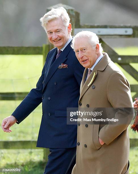 King Charles III , accompanied by his Principal Private Secretary Sir Clive Alderton, departs after attending Sunday service at the Church of St Mary...
