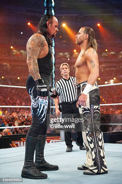 Undertaker and Shawn Michaels face off during WrestleMania XXVI at University of Phoenix Stadium on March 28, 2009 in Glendale, Arizona.