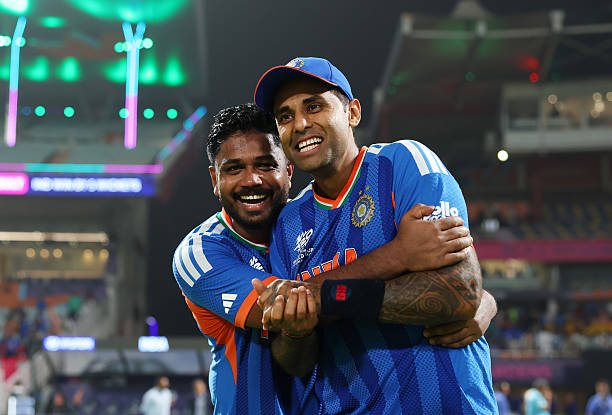 Sanju Samson and Suryakumar Yadav of India celebrate following the ICC Men's T20 World Cup India & Sri Lanka 2026 Super 8 match between India and...