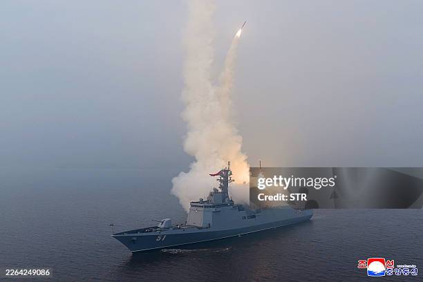 This picture taken on March 4, 2026 and released by North Korea's official Korean Central News Agency on March 5, 2026 shows a sea-to-surface...