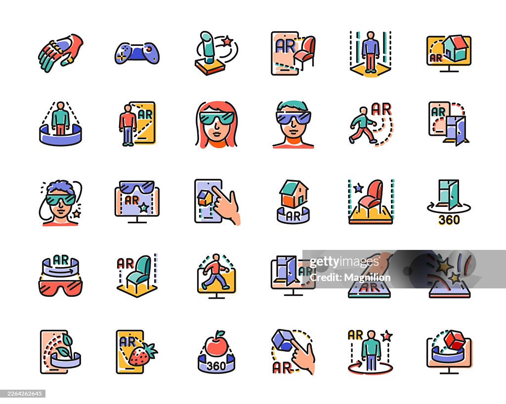 Virtual Reality Editable Stroke Line Icons Set Featuring Augmented Reality Interface, VR Headset Users, 360 View, Gesture Control, Gaming, Hologram Screens, AR Home Preview, and Mixed Reality Tools