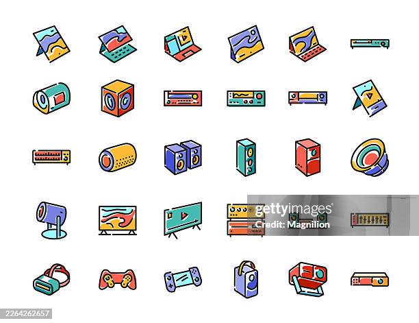 consumer electronics line icon set editable stroke, minimal outline vector collection of tvs, speakers, projectors, consoles, audio systems, vr headset and digital devices - cd store stock illustrations