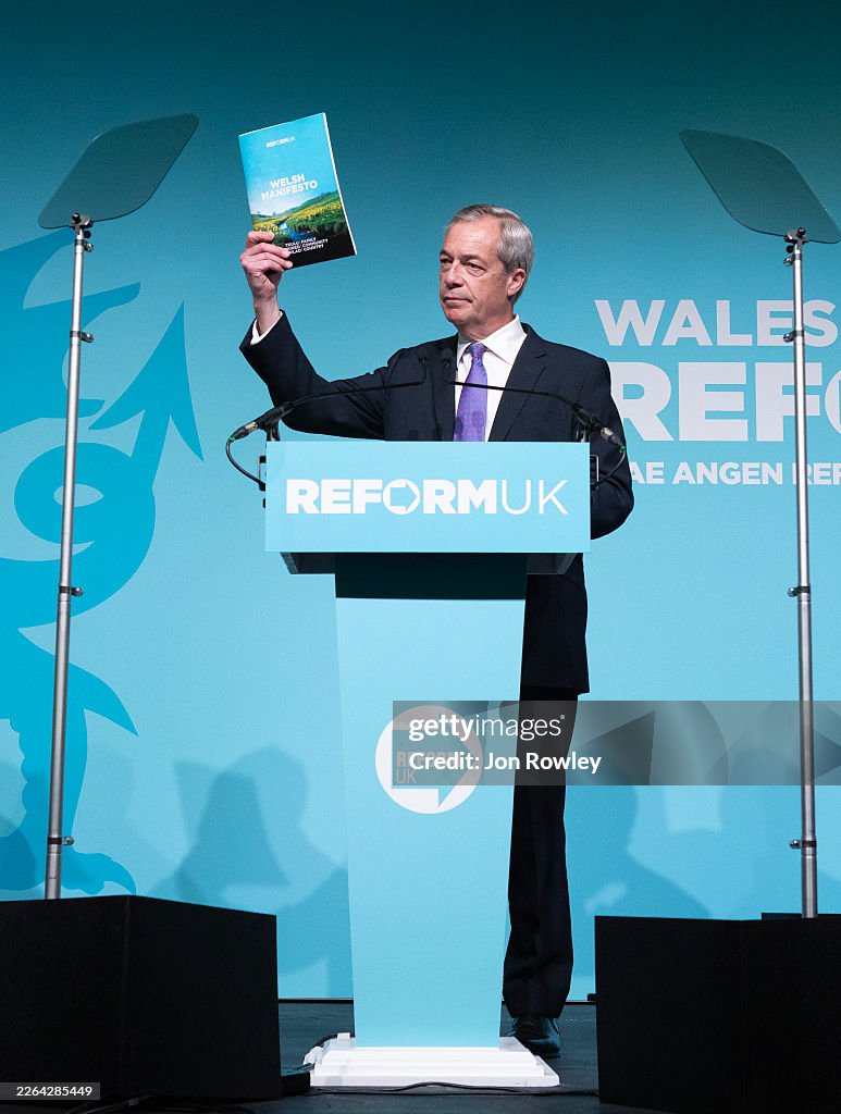 Erforn Nigel Farage, leader of Reform UK at the Reform Wales manifesto... News ...