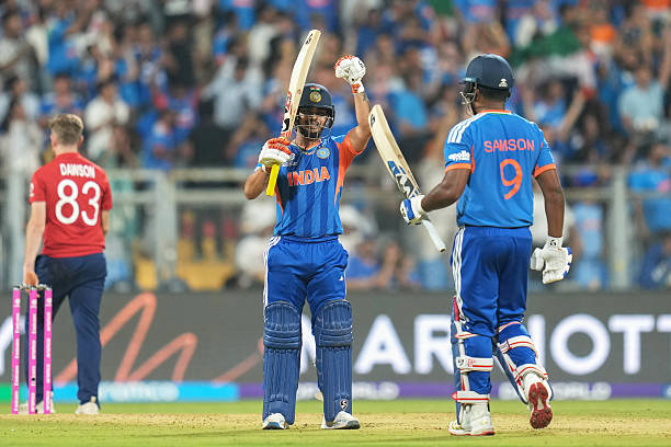 Ishan Kishan of India acknowledges Sanju Samson of India after his half-century during the ICC Men's T20 World Cup India & Sri Lanka 2026 Semi-Final...