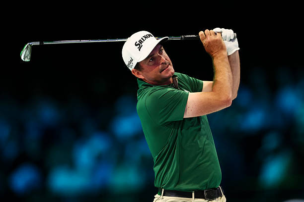 Keegan Bradley of Boston Common Golf plays a shot on the second hole during a match against Jupiter Links GC at SoFi Center on March 01, 2026 in Palm...