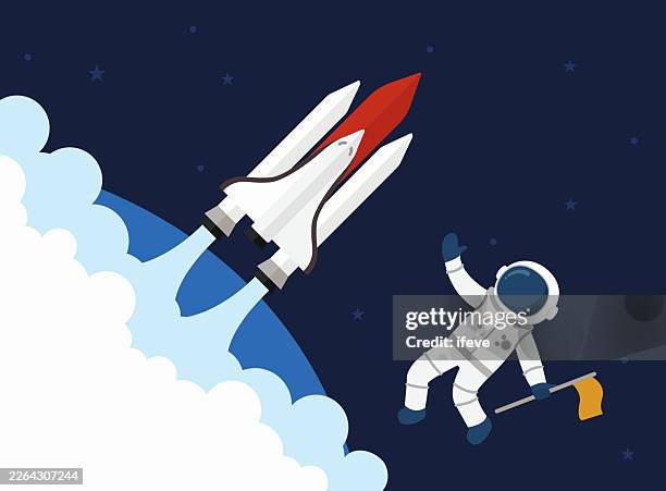astronaut floating in space near launching rocket, exploration and innovation concept illustration - space shuttle discovery stock illustrations