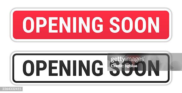 opening soon - red and black labels on white background - opening soon stock illustrations
