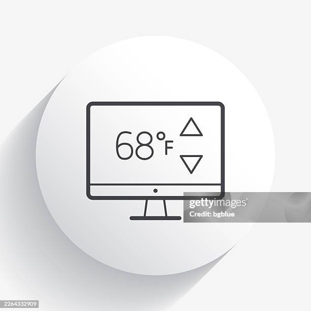 desktop computer with heating control. icon on circle button with long shadow - measuring height stock illustrations