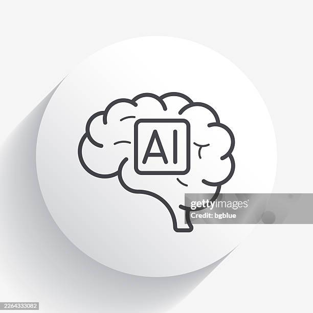 human brain with artificial intelligence ai. icon on circle button with long shadow - robot head side stock illustrations