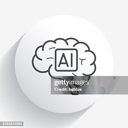 Human brain with artificial intelligence AI. Icon on circle button with long shadow Human brain with artificial intelligence AI. Icon on circle button with long shadow