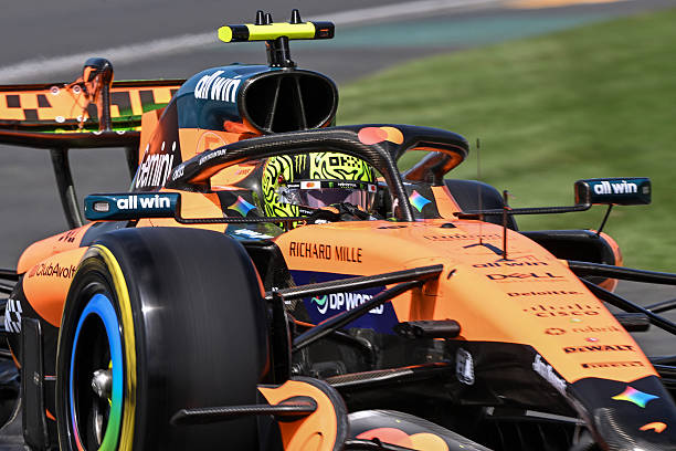 McLaren's British driver Lando Norris drives during the first practice session of the Formula One Australian Grand Prix at the Albert Park Circuit in...