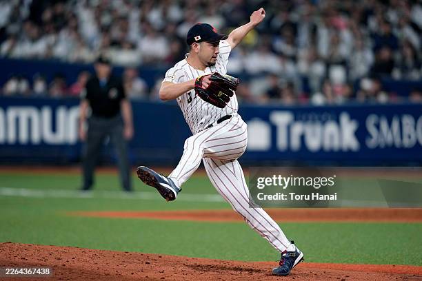 Yusei Kikuchi of Japan pitches in the third inning during the exhibition game between Orix Buffaloes and Japan at Kyocera Dome Osaka on March 2, 2026...