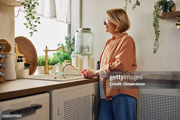 smiling senior woman standing at kitchen sink in bright cozy home enjoying a peaceful morning - hygge stock pictures, royalty-free photos & images