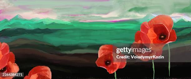 panoramic landscape with red poppies blossoming against a distant mountain range in green and teal tones - acrylic painting stock illustrations