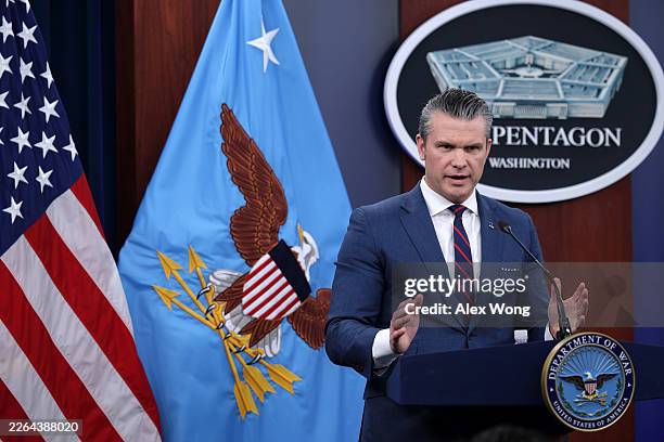 Secretary of War Pete Hegseth speaks during a news conference at the Pentagon on March 2, 2026 in Arlington, Virginia. Secretary Hegseth and Chairman...