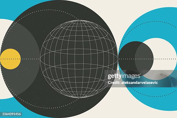 mid century modern geometric abstract background with wireframe globe - communication styles stock illustrations