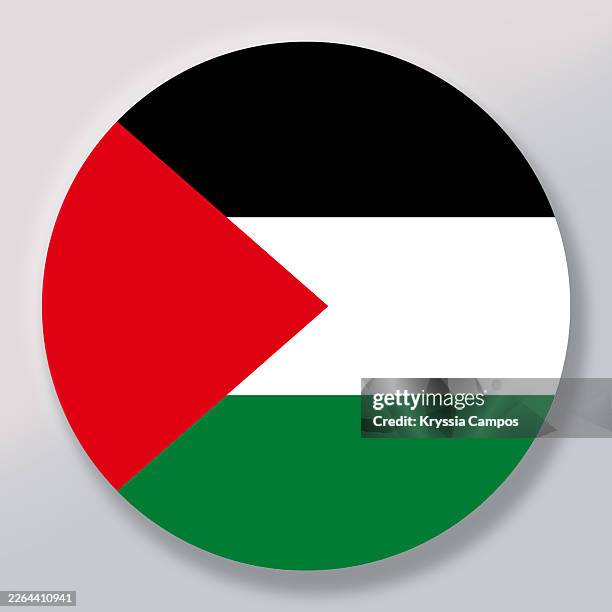 round flag of palestine with soft shadow on light background - palestijnse vlag stockfoto's en -beelden