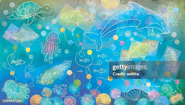 illustrazioni stock, clip art, cartoni animati e icone di tendenza di illustrazione vettoriale a tema marino con disegni lineari su sfondo ad acquerello. - tartaruga