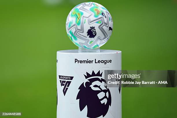 Premier League 2025/26 Puma Orbita match ball seen on a branded Premier League plinth during the Premier League match between Newcastle United and...