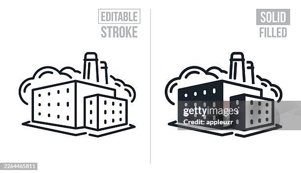 manufacturing facility - editable stroke and solid icons - smoke stack pollution stock illustrations