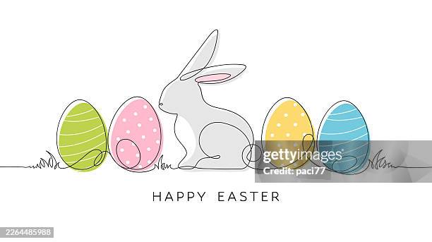 easter greeting card with a continuous line drawing of colored easter eggs and an easter bunny. - easter bunny egg stock illustrations