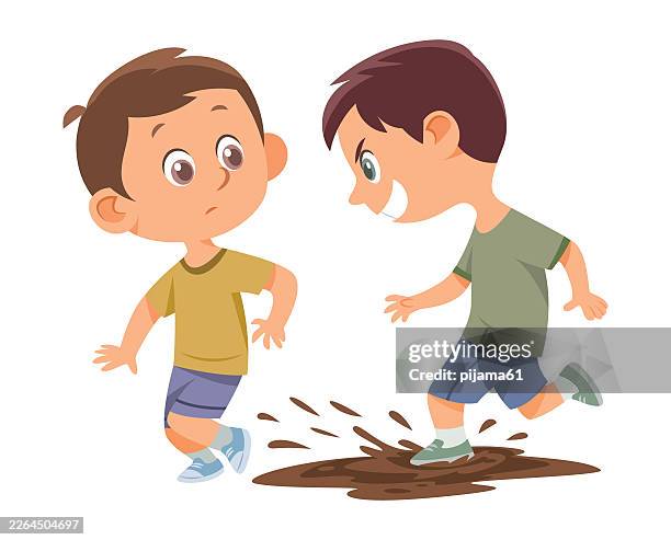 bad behavior of kids set. bully boy jumping into puddle and spraying another with mud. - man crying stock illustrations