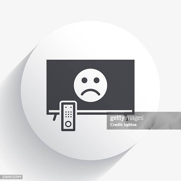 tv with sad emoji. icon on circle button with long shadow - smiley face badge stock illustrations
