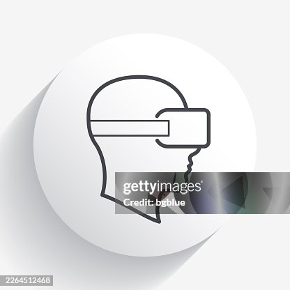 Head with VR virtual reality headset. Icon on circle button with long shadow Head with VR virtual reality headset. Icon on circle button with long shadow