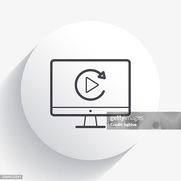 replay on desktop computer. icon on circle button with long shadow - turning lights off stock illustrations