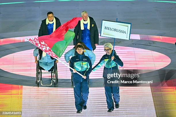 Belarus athletes parade during the Milano Cortina 2026 Winter Paralympic Games opening ceremony at Arena di Verona on March 6, 2026 in Verona, Italy.