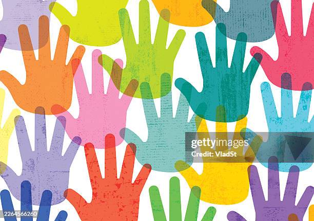 open human hands pattern diversity equality unity community colorful background - social inclusion stock illustrations